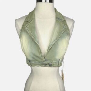 Revolve Superdown Cindy Halter Top in Green Wash Denim. Crop. Size S. NWT